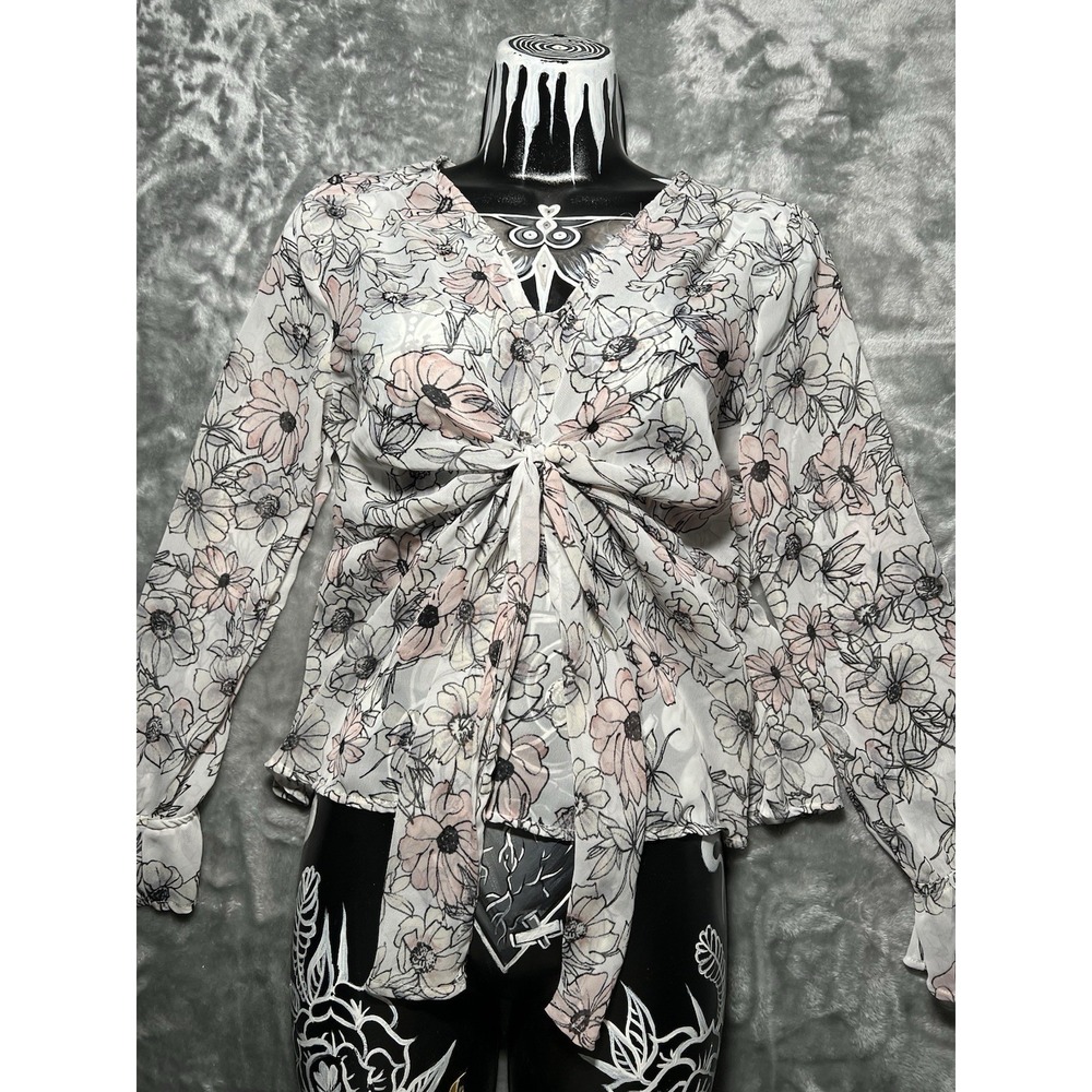 Papermoon Shirt Women Size Medium Floral Off-Shoulder Top Sheer Tye Up Y2K